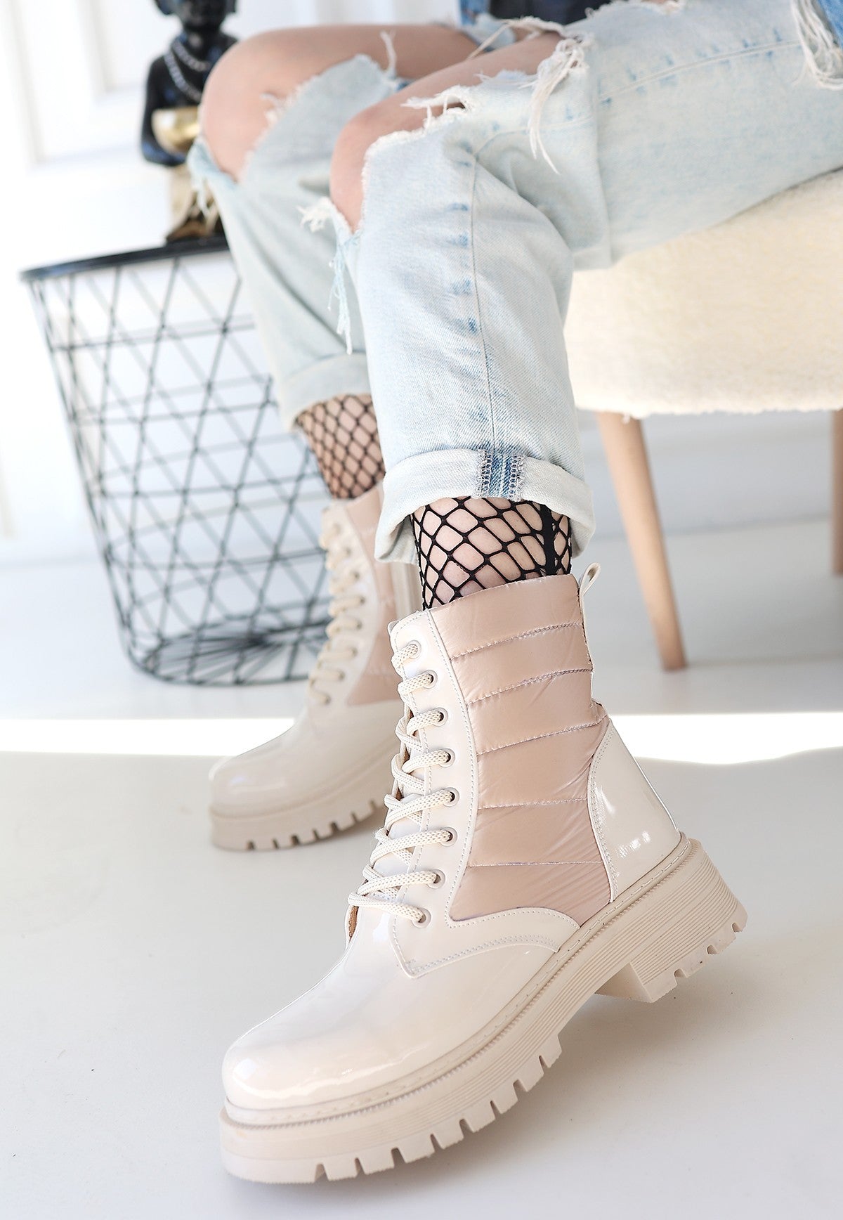 Women's Beige Patent Leather Lace-Up Boots - STREETMODE ™