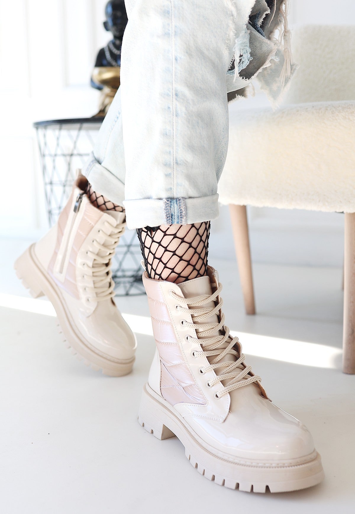 Women's Beige Patent Leather Lace-Up Boots - STREETMODE ™