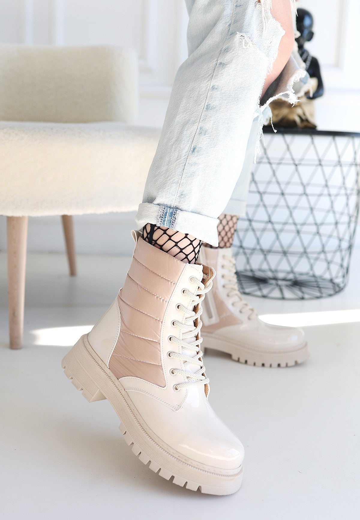 Women's Beige Patent Leather Lace-Up Boots - STREETMODE ™