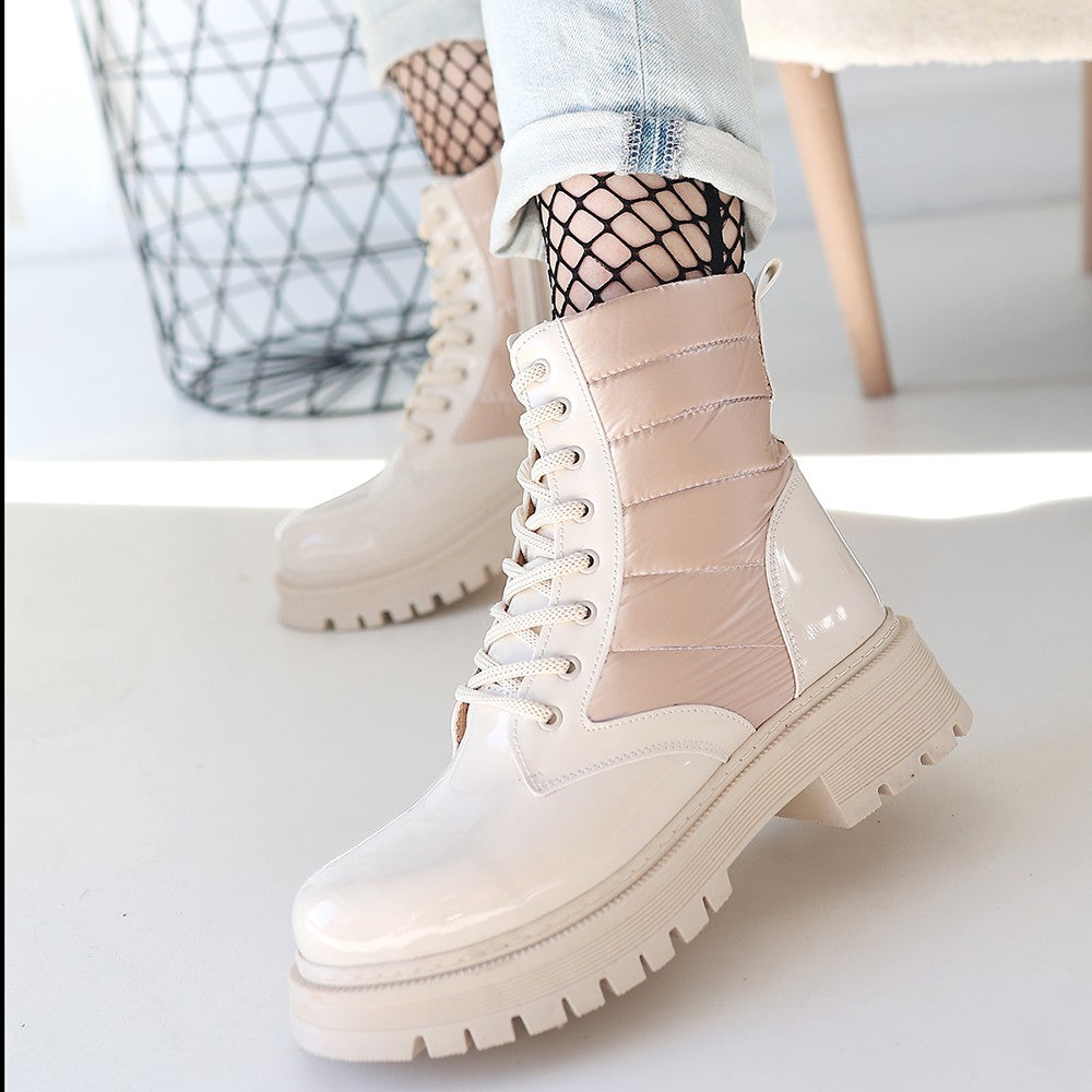 Women's Beige Patent Leather Lace-Up Boots - STREETMODE ™