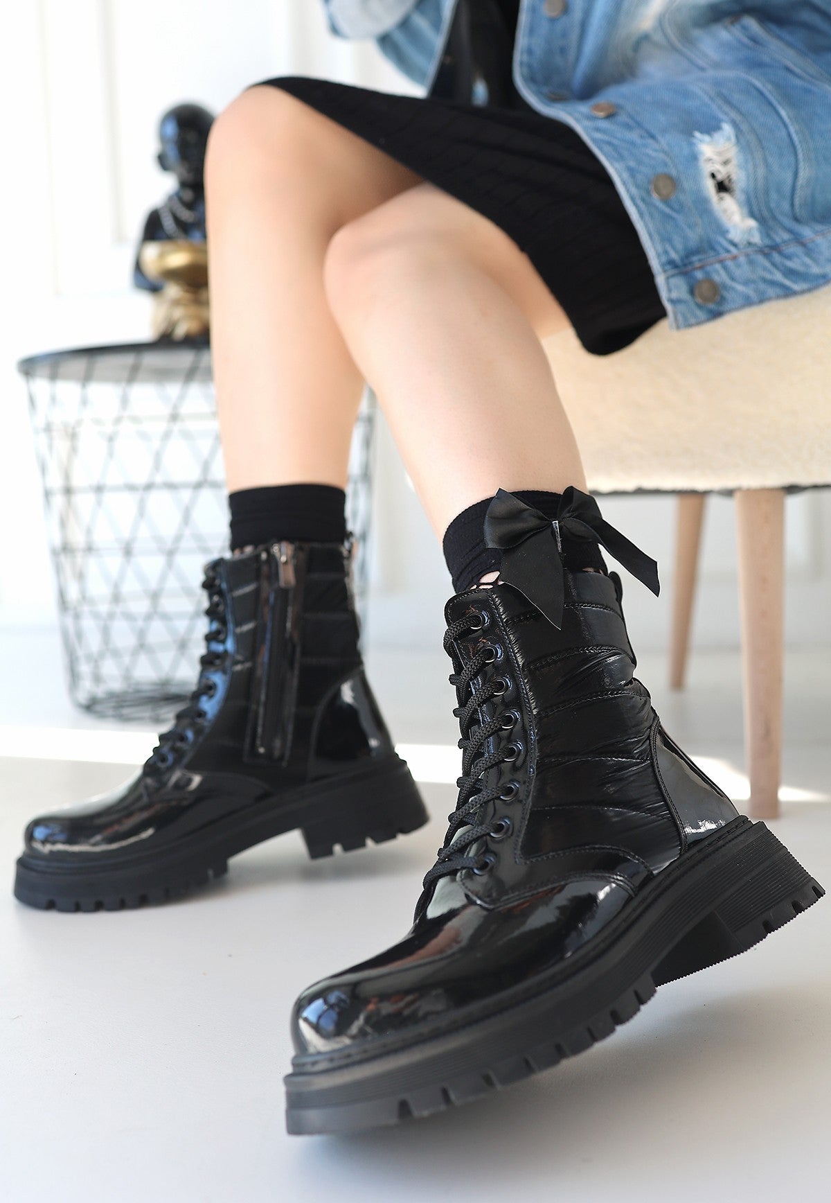 Women's Black Patent Leather Lace-Up Boots - STREETMODE ™