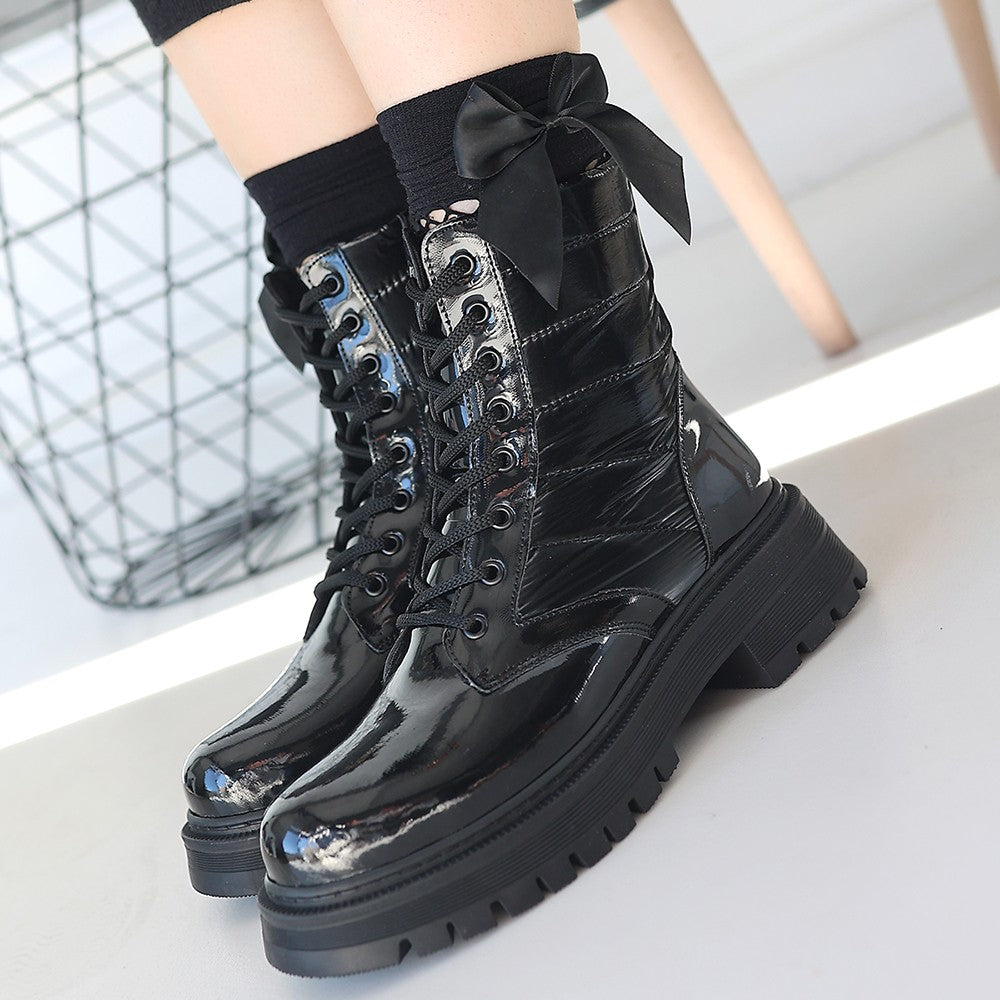Women's Black Patent Leather Lace-Up Boots - STREETMODE ™