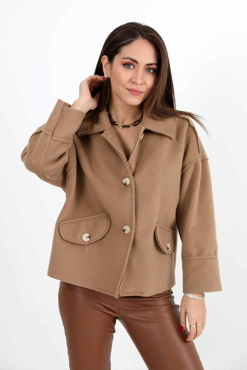 Women's Coat with Pocket Flap Button-Up Short - Camel - STREETMODE ™