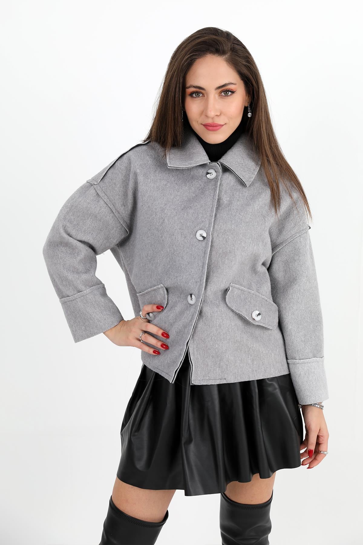 Women's Coat with Pocket Flap Button-Up Short - Gray - STREETMODE ™