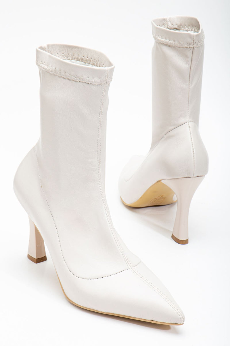 Women's Beige Leather Ankle Mid Heel Boots - STREETMODE ™