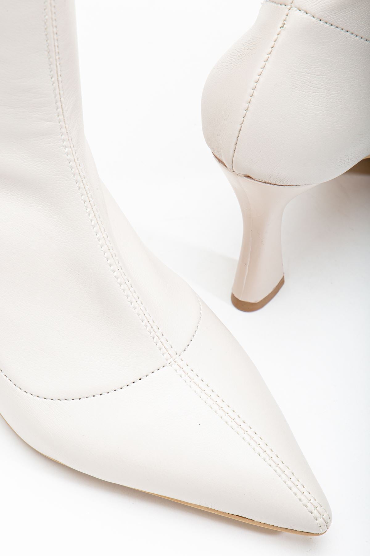 Women's Beige Leather Ankle Mid Heel Boots - STREETMODE ™