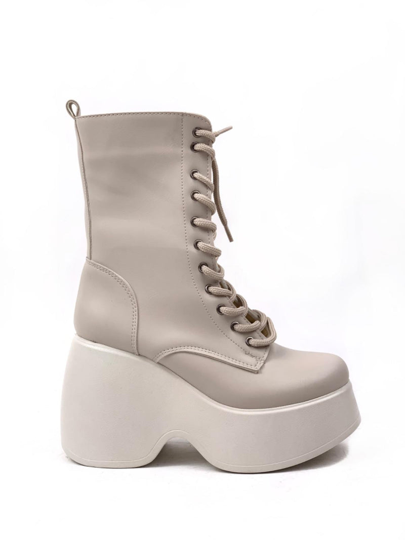 Women's Beige Karr Skin Faux Leather Padding High Sole Boots - STREETMODE ™