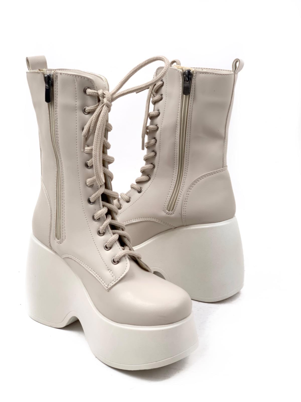 Women's Beige Karr Skin Faux Leather Padding High Sole Boots - STREETMODE ™