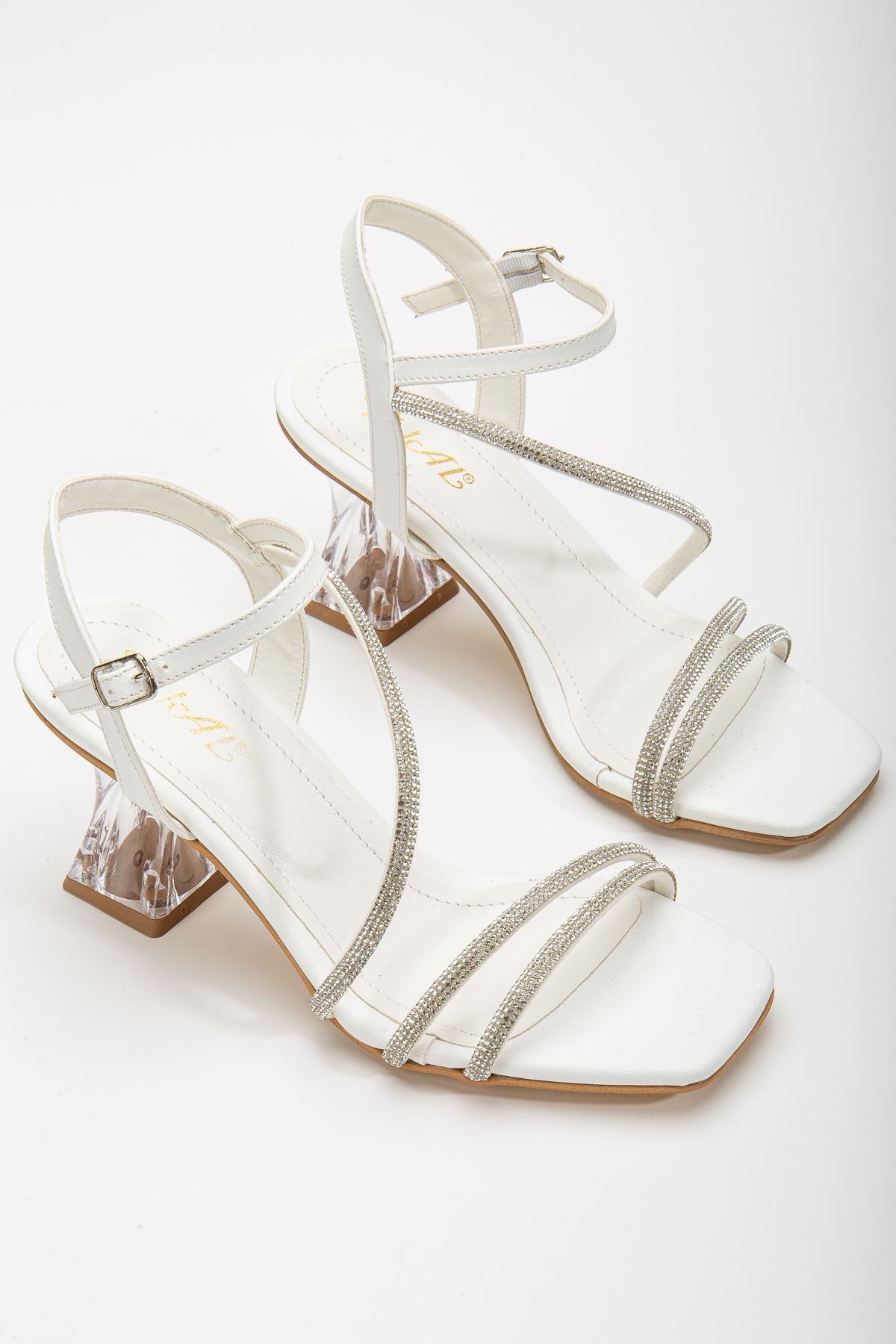 Women's White Stone Detailed Transparent Heeled Evening Dress Shoes - STREETMODE ™