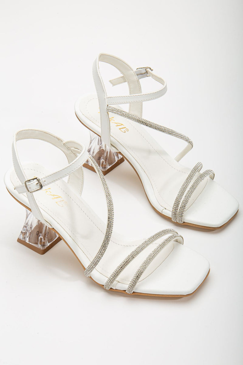 Women's White Stone Detailed Transparent Heeled Evening Dress Shoes - STREETMODE ™