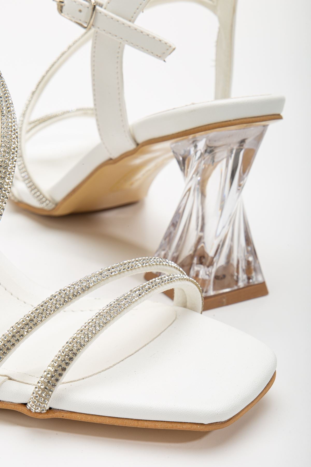 Women's White Stone Detailed Transparent Heeled Evening Dress Shoes - STREETMODE ™