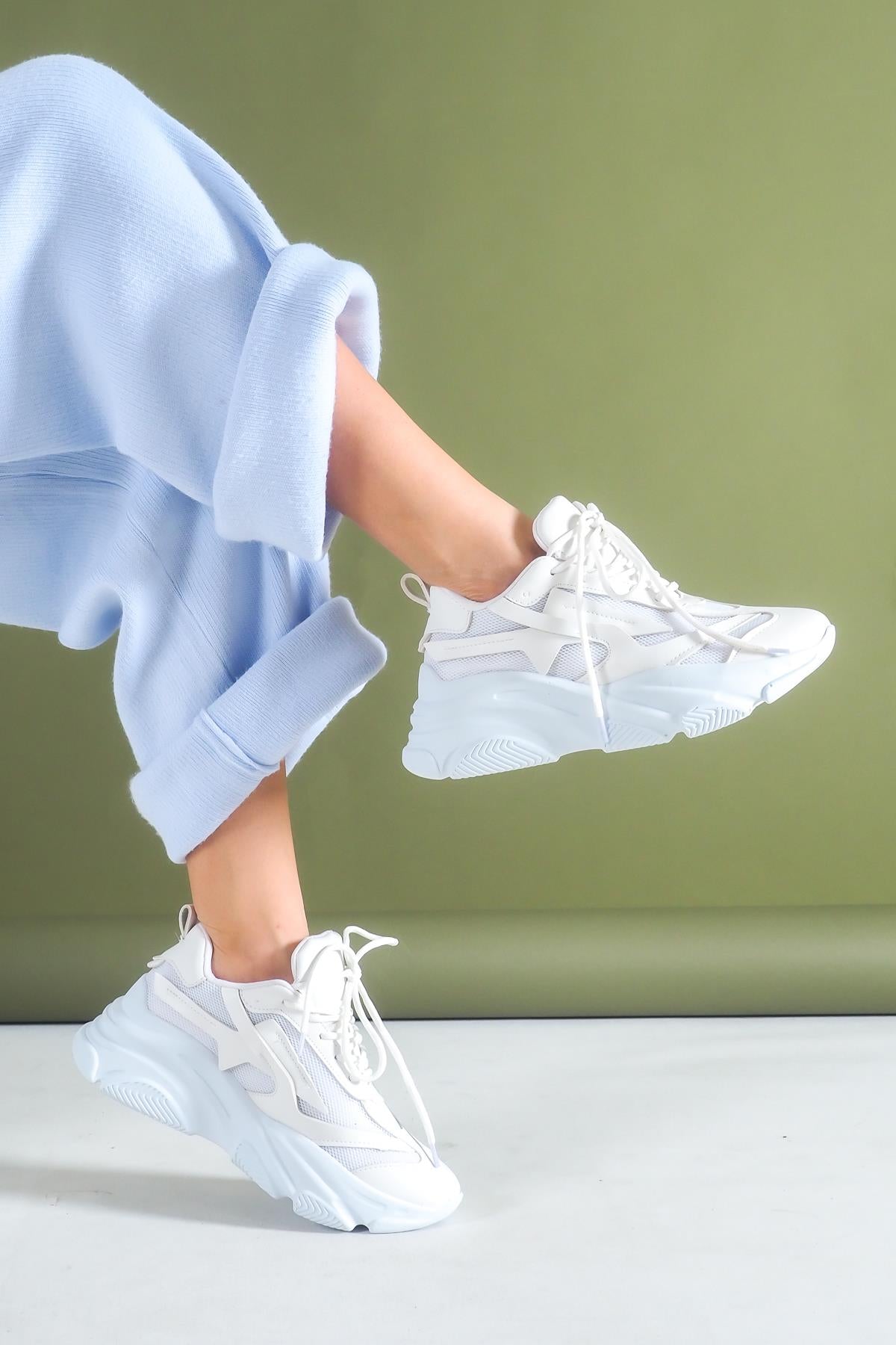 Women's white high-soled mesh detailed sneakers daily sports shoes - STREETMODE ™
