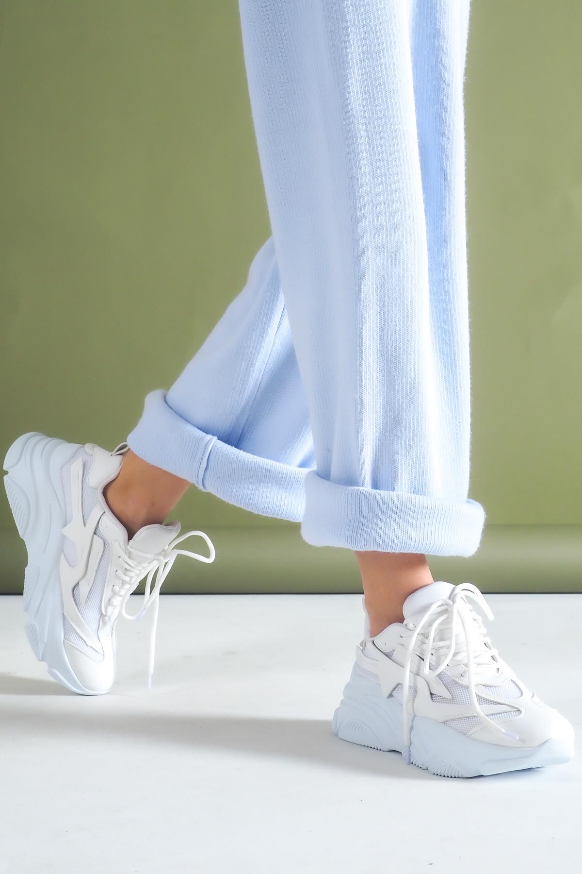 Women's white high-soled mesh detailed sneakers daily sports shoes - STREETMODE ™