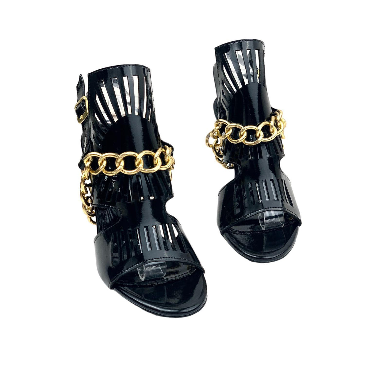 Women's Kokl Black Patent Leather Thin Heel Chain Detailed Evening Shoes - STREETMODE ™