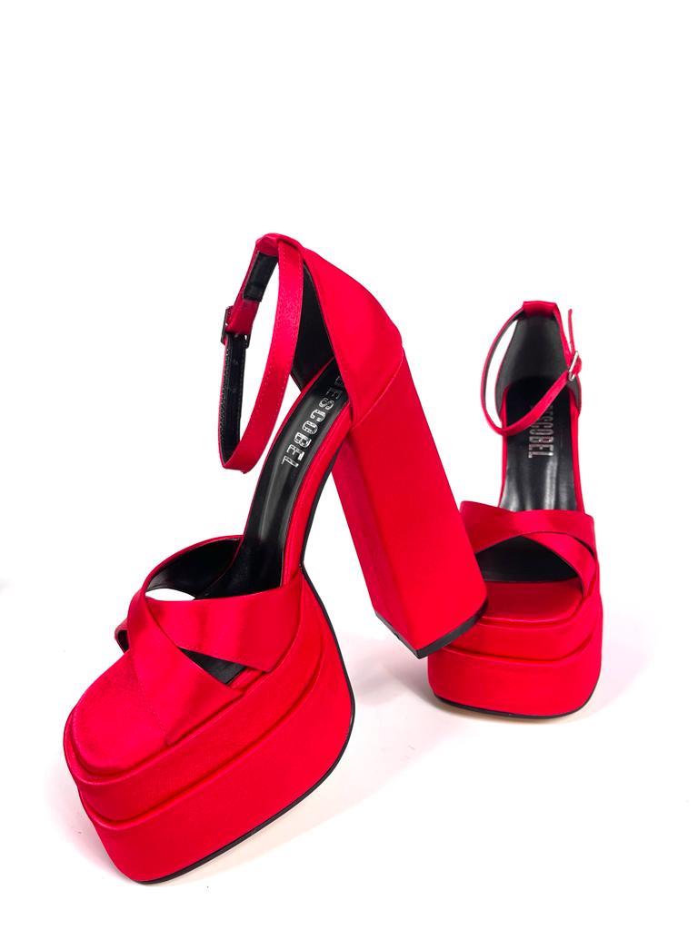 Women's Renc Red Satin High Double Platform Heeled Sandals - STREETMODE ™