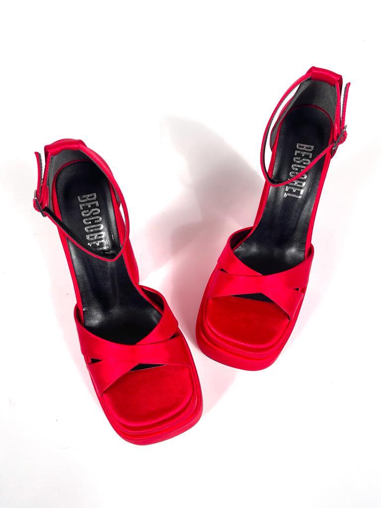 Women's Renc Red Satin High Double Platform Heeled Sandals - STREETMODE ™