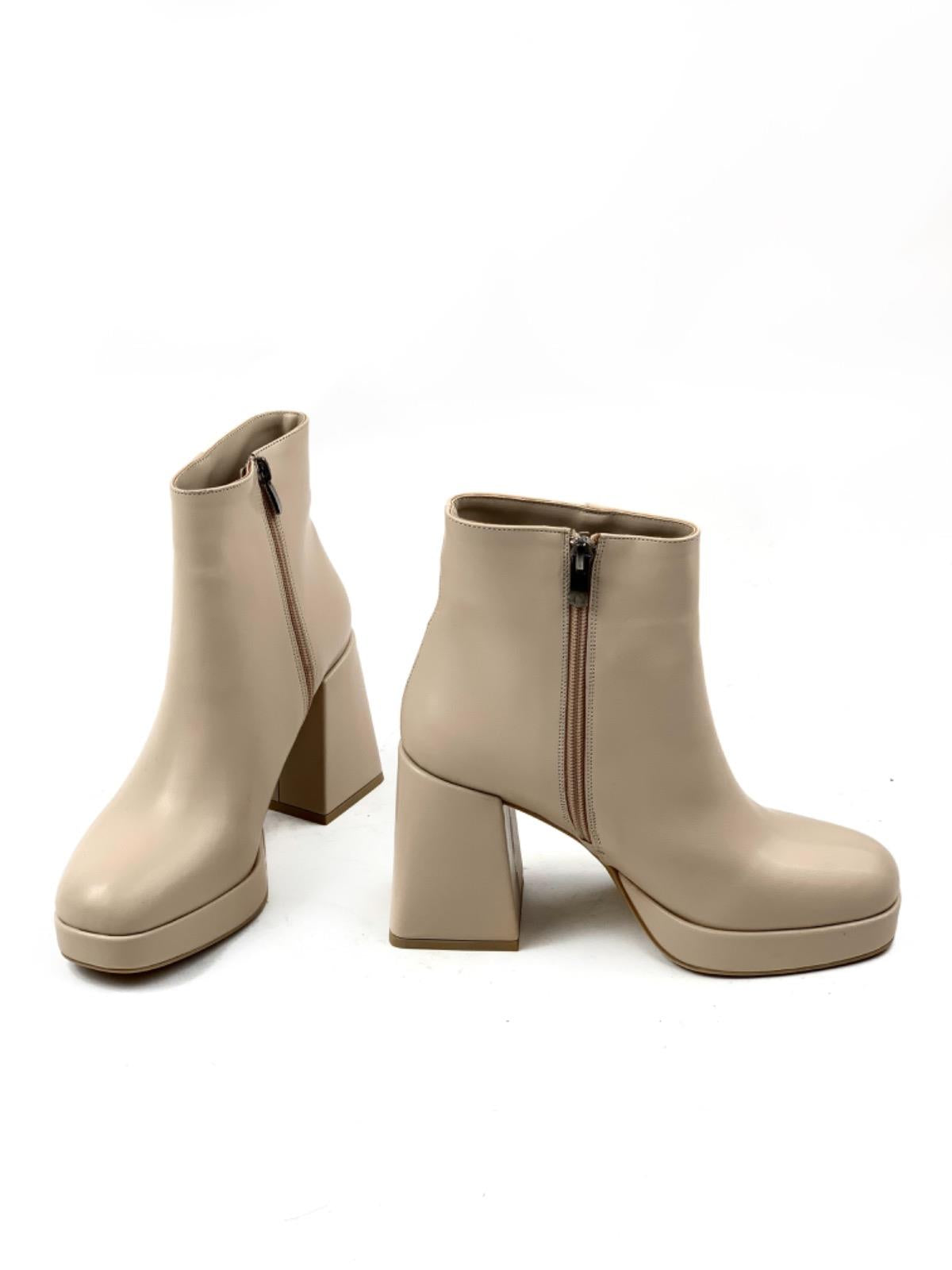 Women's Sand Beige Platform Heeled Short Leather Boots - STREETMODE ™