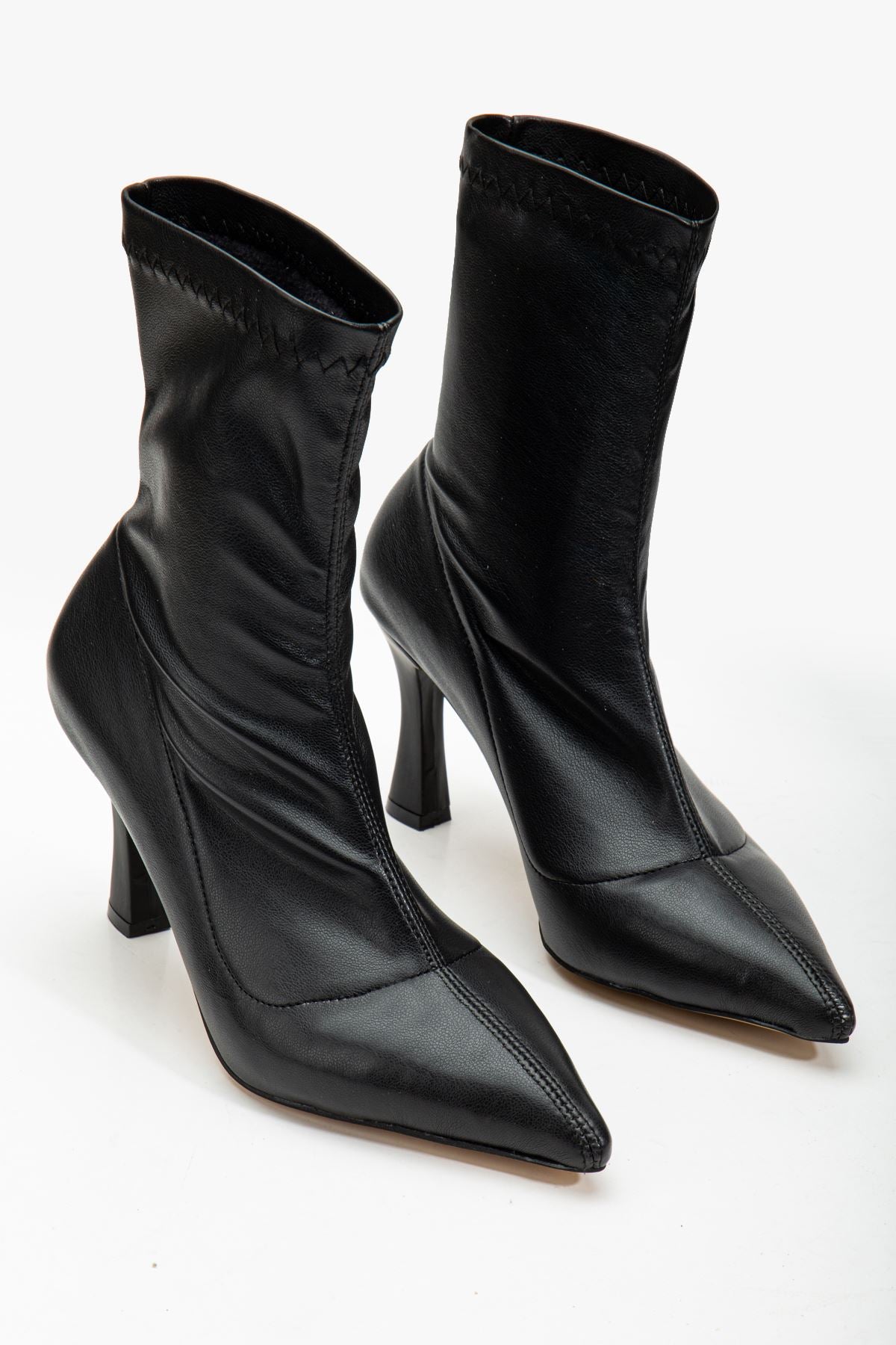 Women's Black Leather Ankle Mid Heel Boots - STREETMODE ™