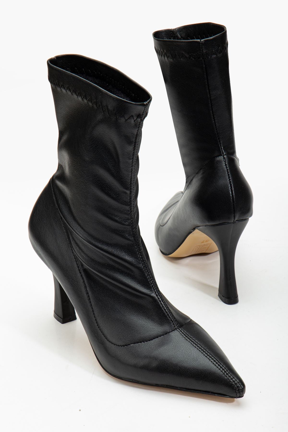 Women's Black Leather Ankle Mid Heel Boots - STREETMODE ™