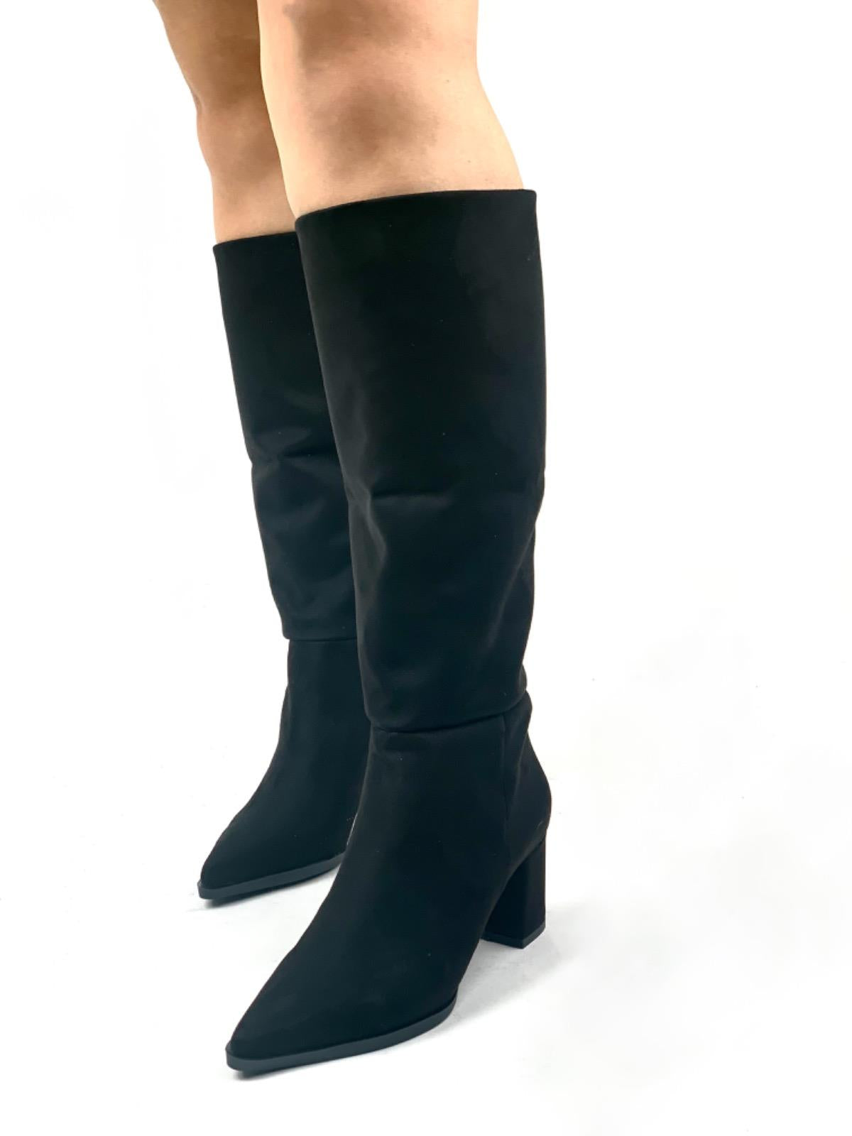 Women's Black Dais Zipperless Heeled Suede Boots - STREETMODE ™