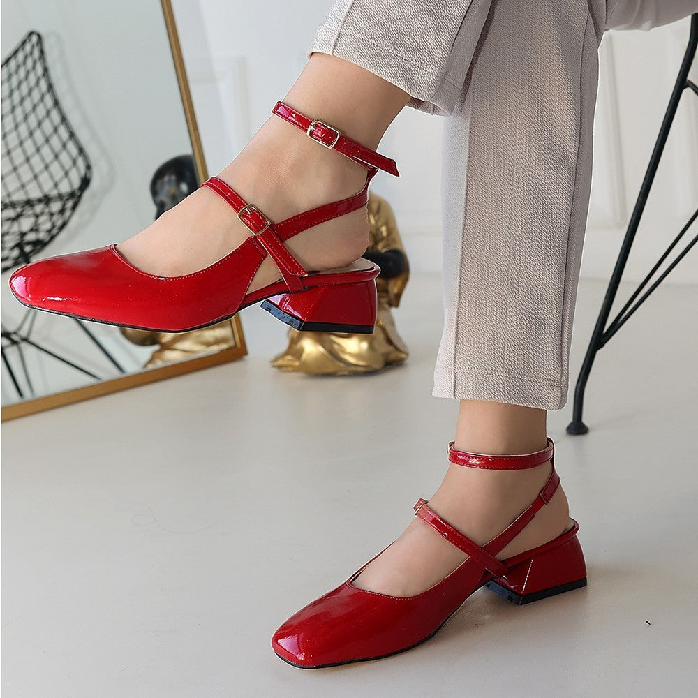 Women's Red Patent Leather High Heeled Belted Shoes - STREETMODE ™