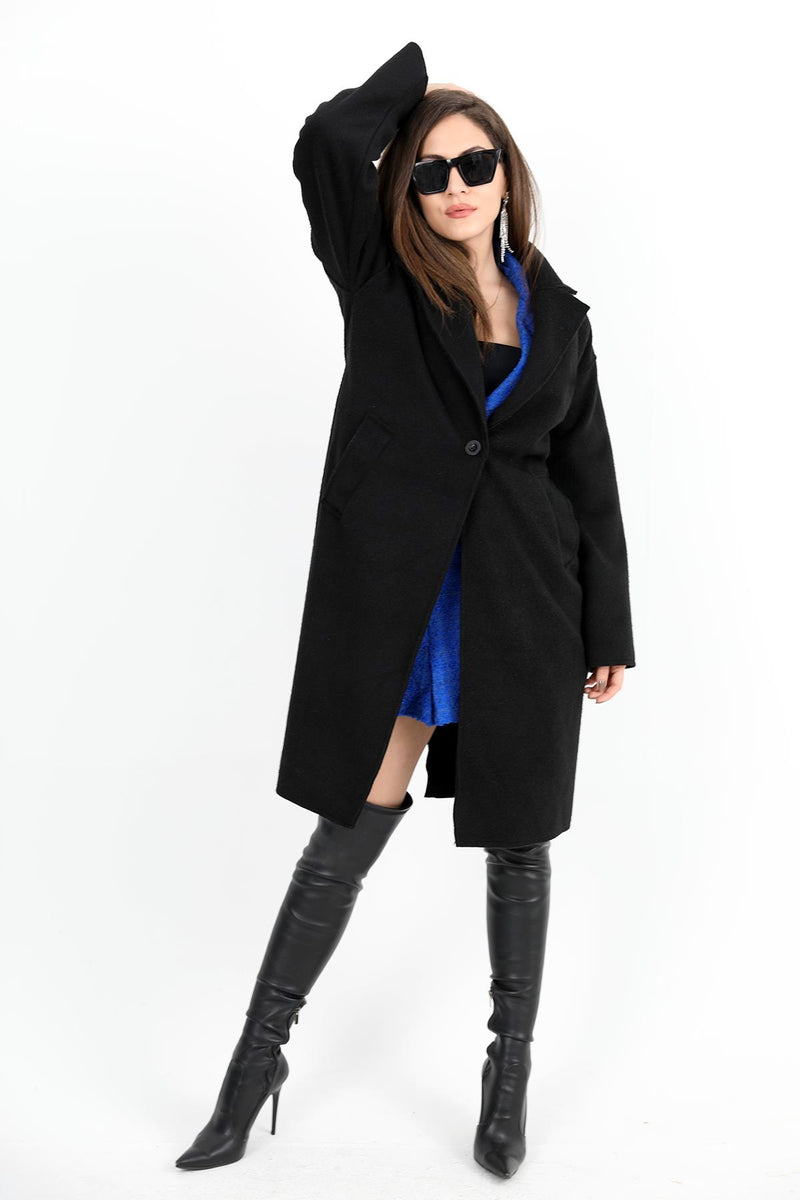 Women's Cashmere Coat Double-Breasted Collar Sleeve with Crest Detail - Black - STREETMODE ™