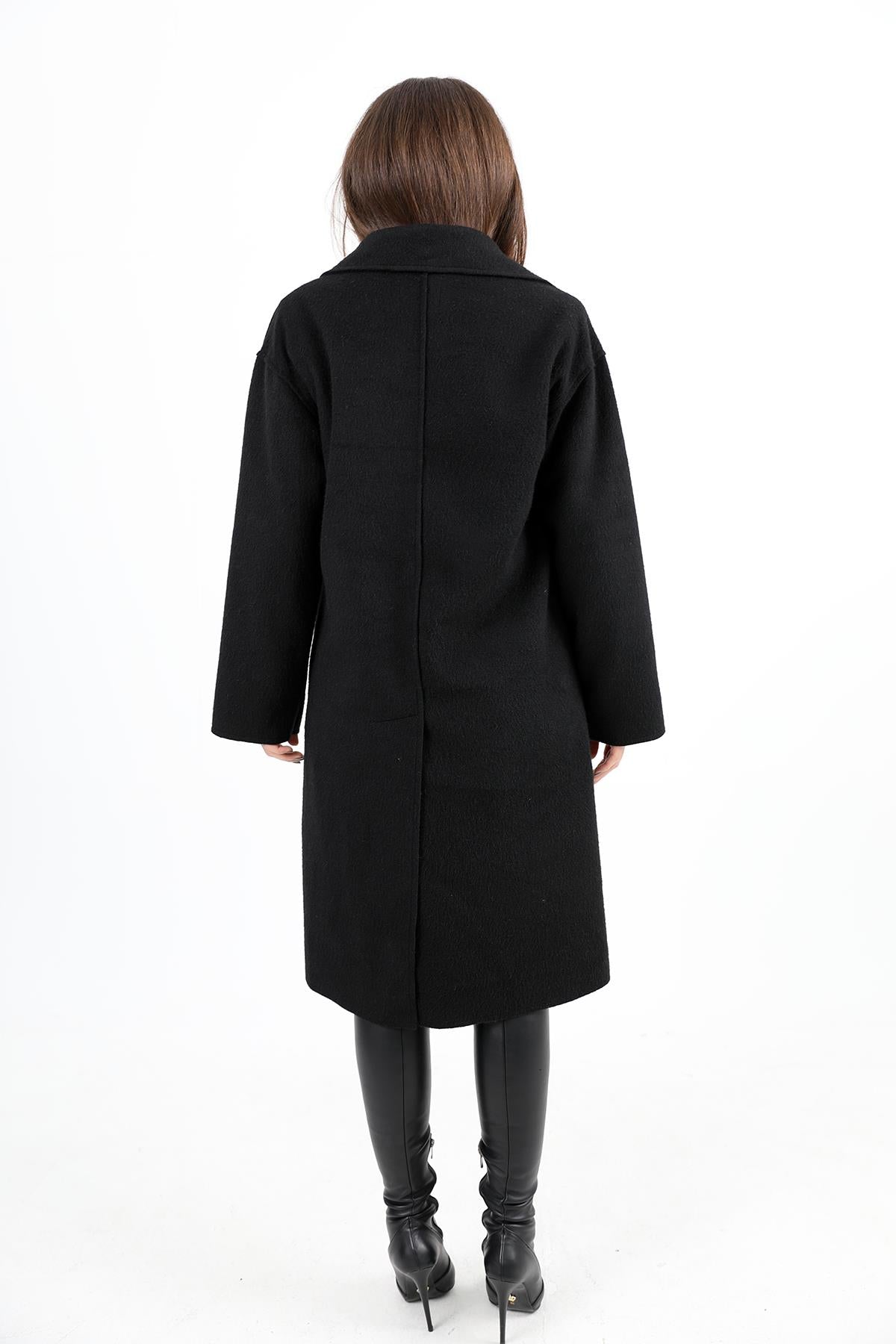 Women's Cashmere Coat Double-Breasted Collar Sleeve with Crest Detail - Black - STREETMODE ™