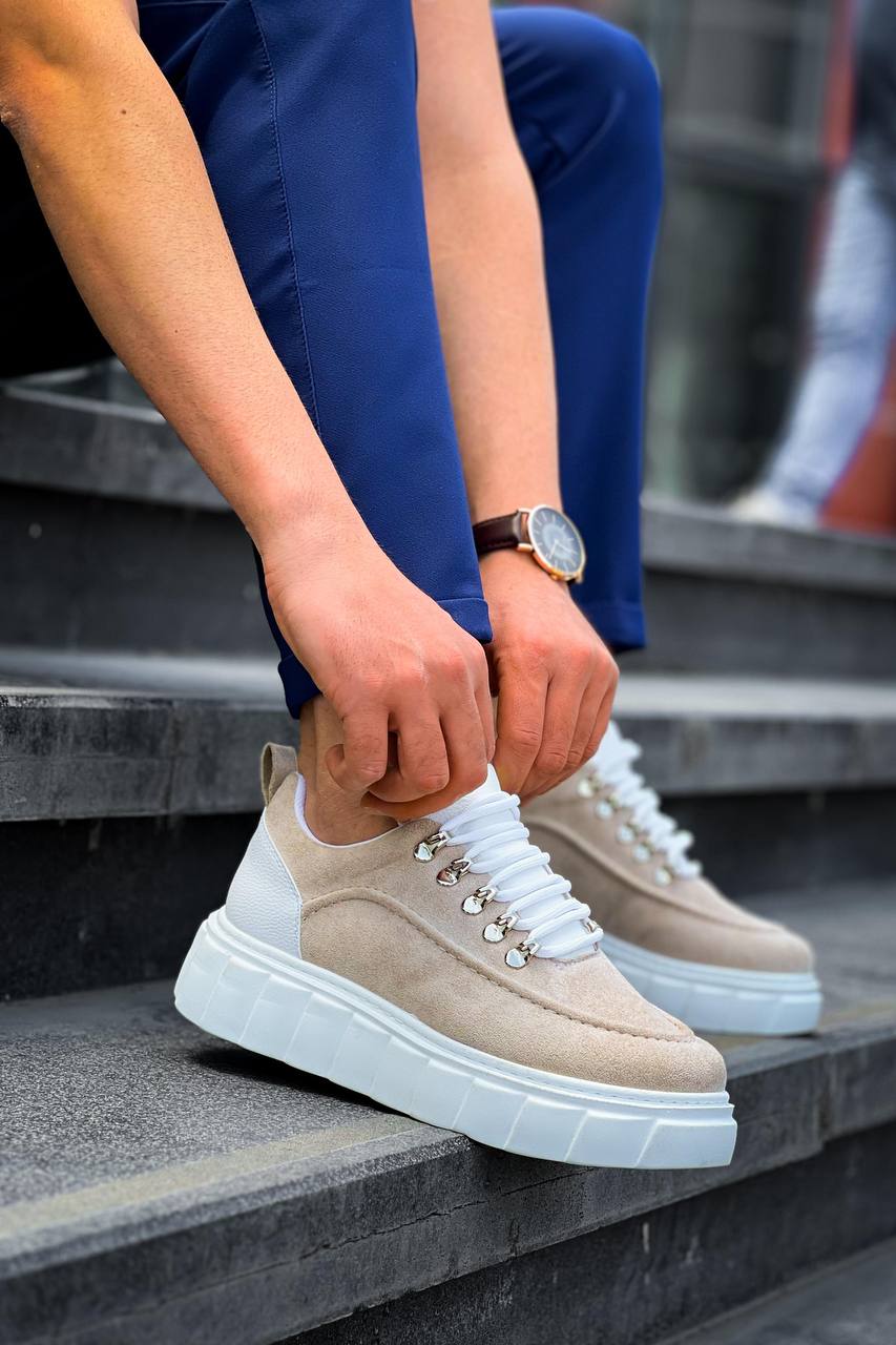 KB-X10 Beige Suede White High Sole Casual Sneakers