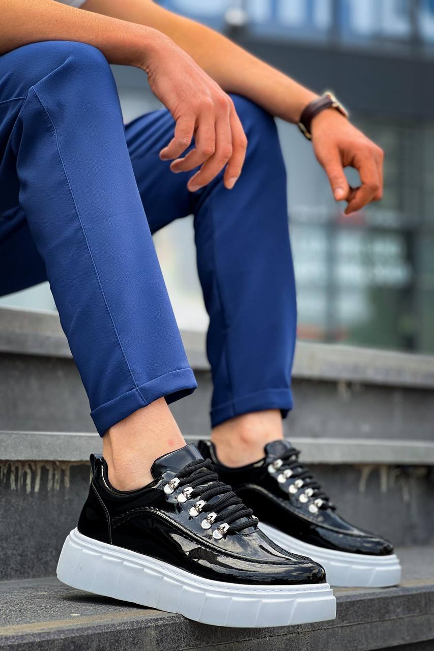 KB-X10 Black Patent Leather White High Sole Casual Sneakers