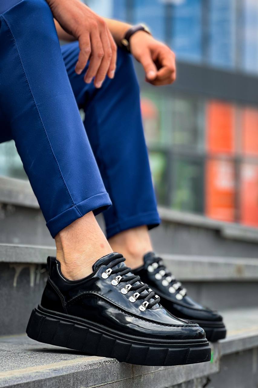 KB-X10 Black Patent Leather Black High Sole Casual Sneakers