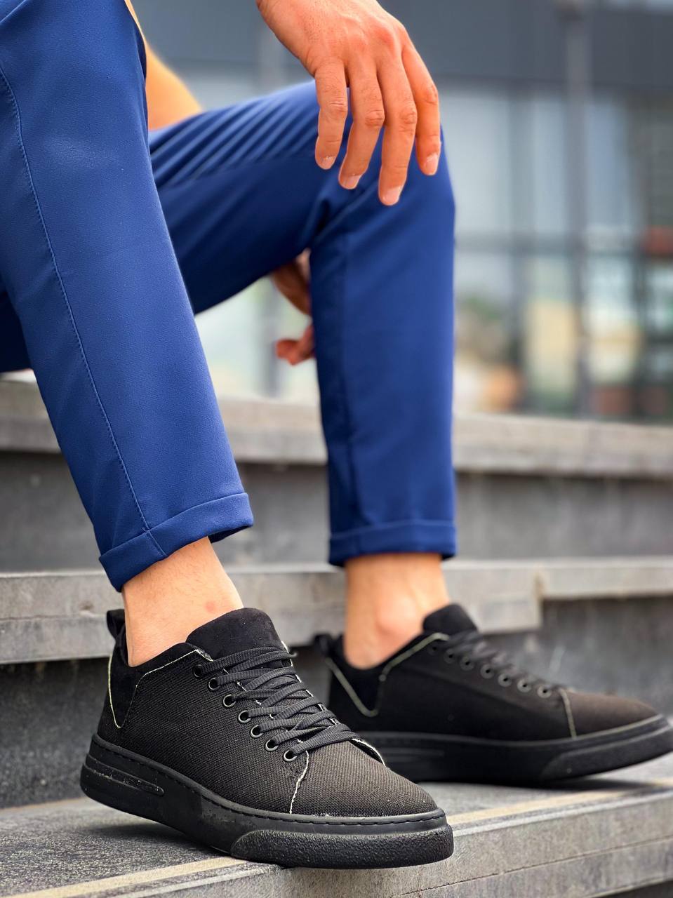 KB-X204 Black Linen Black High Sole Casual Men's Sneakers