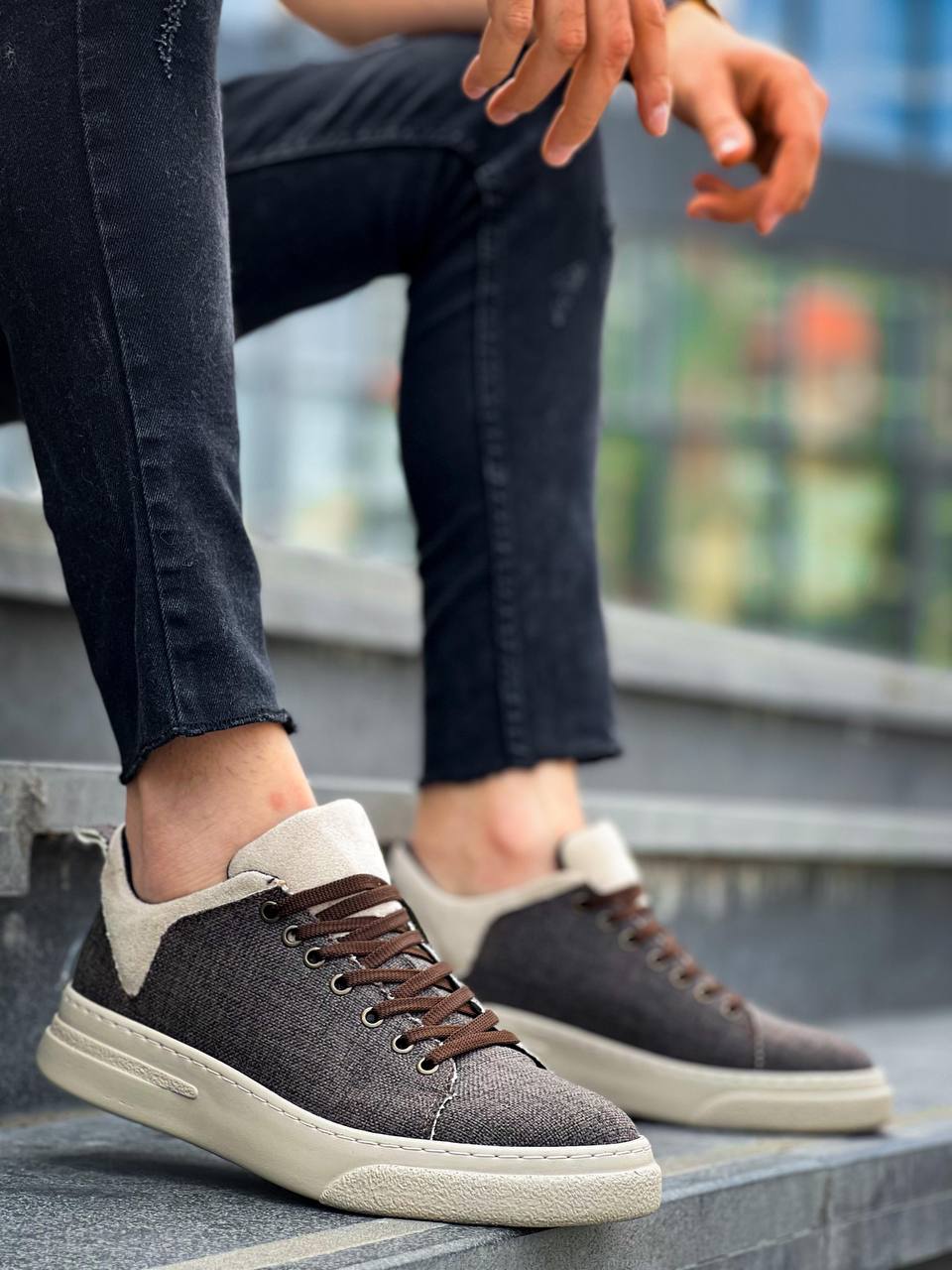 KB-X204 Tan Beige Linen Beige High Sole Casual Men's Sports Shoes