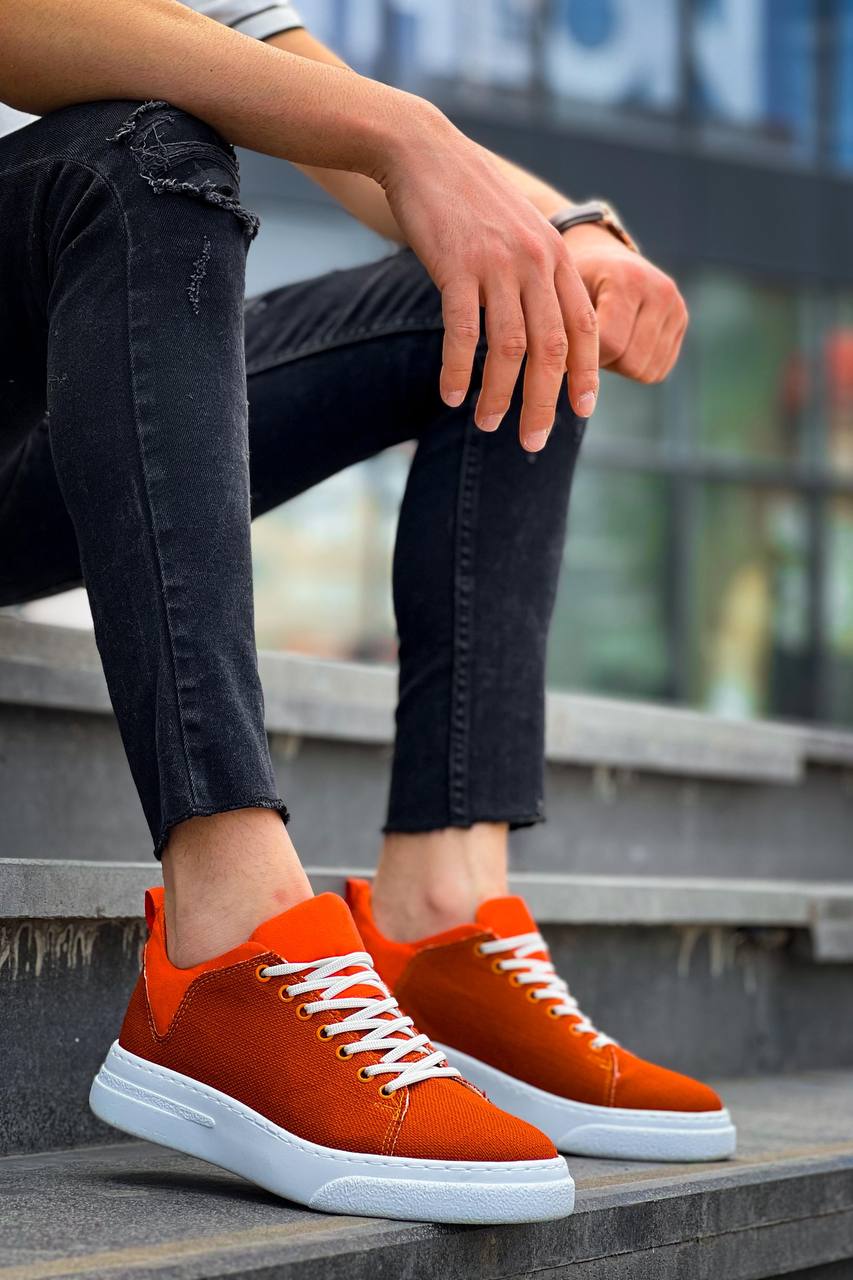 KB-X204 Orange Linen White High Sole Casual Men's Sneakers