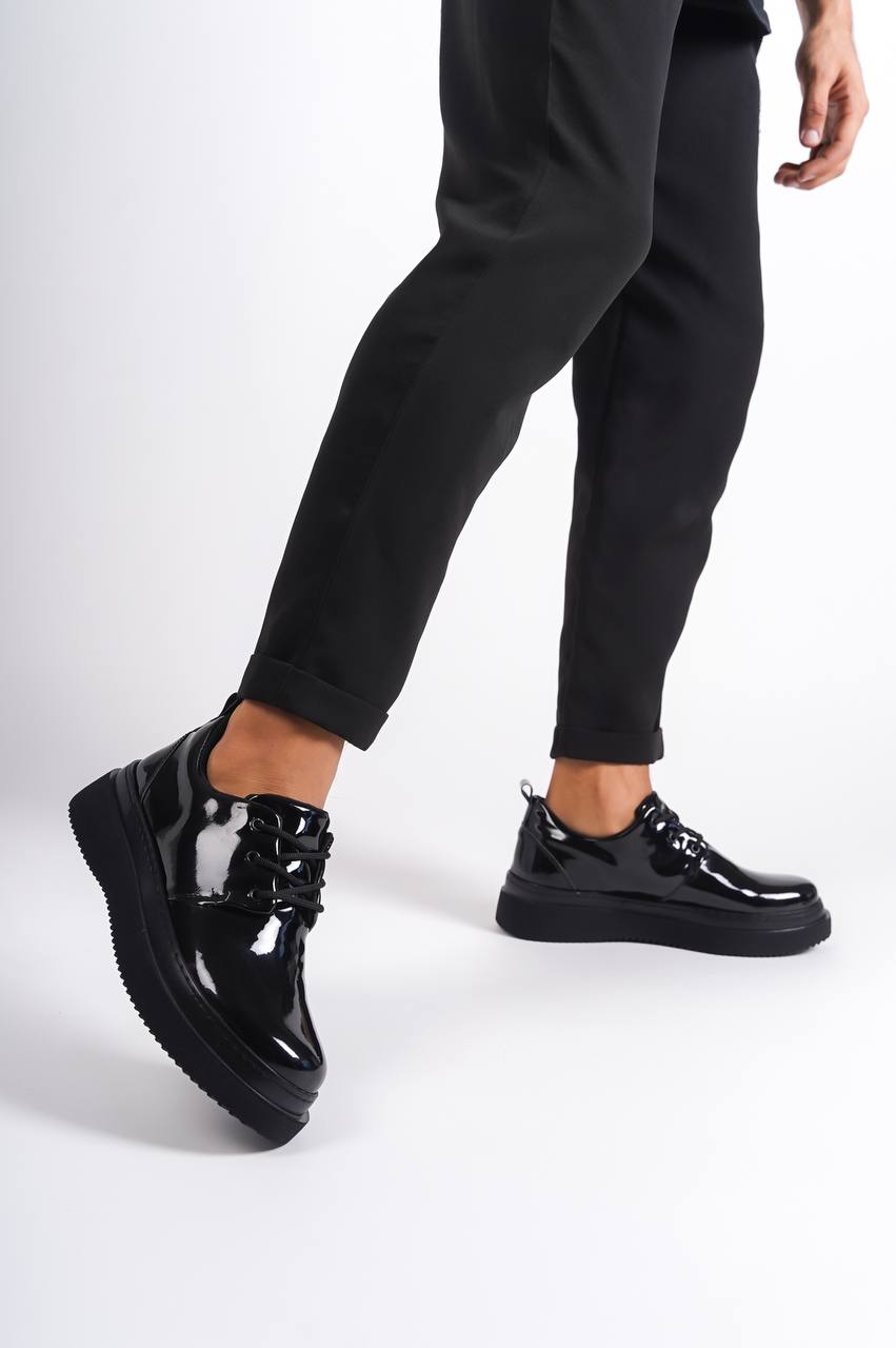 KB-X3 Black Patent Leather Black Sole Laced Casual Men's Shoes - STREETMODE ™