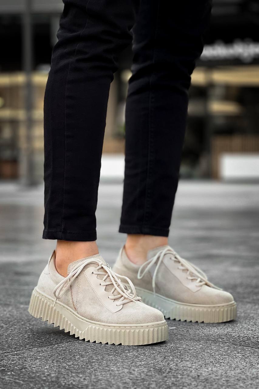 KB-X502 Beige Suede High Beige Sole Lace Detailed Elastic Casual Men's Shoes - STREETMODE ™