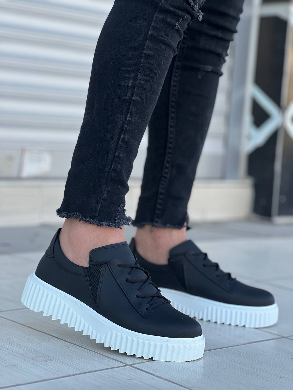 KB-X502 Black Skin High White Sole Lace Detailed Elastic Casual Men's Shoes - STREETMODE ™