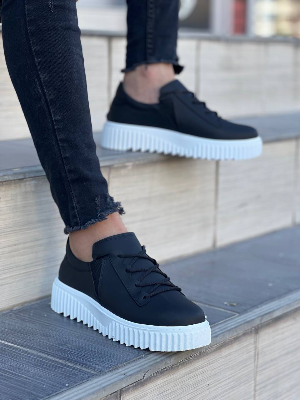 KB-X502 Black Skin High White Sole Lace Detailed Elastic Casual Men's Shoes - STREETMODE ™