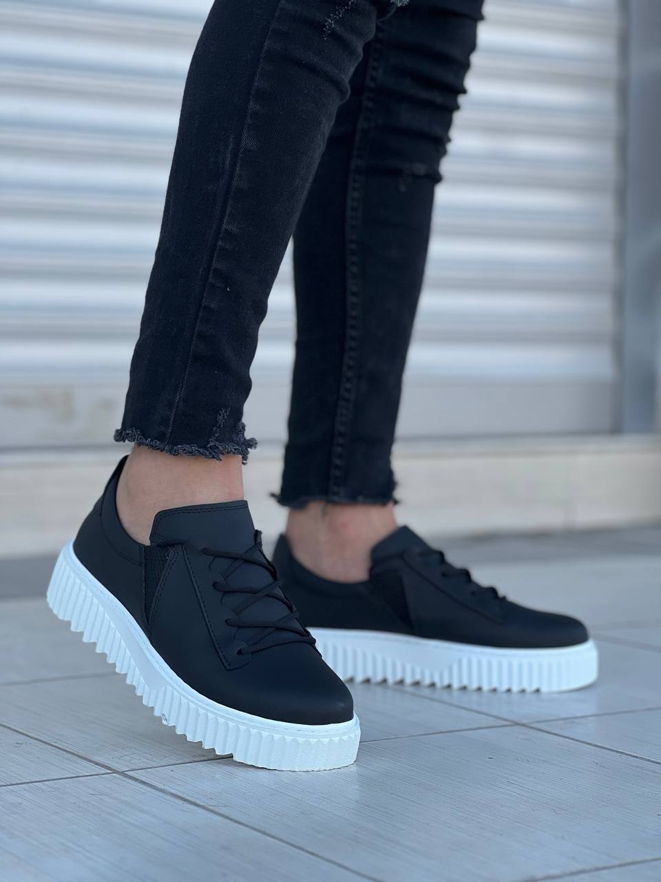 KB-X502 Black Skin High White Sole Lace Detailed Elastic Casual Men's Shoes - STREETMODE ™