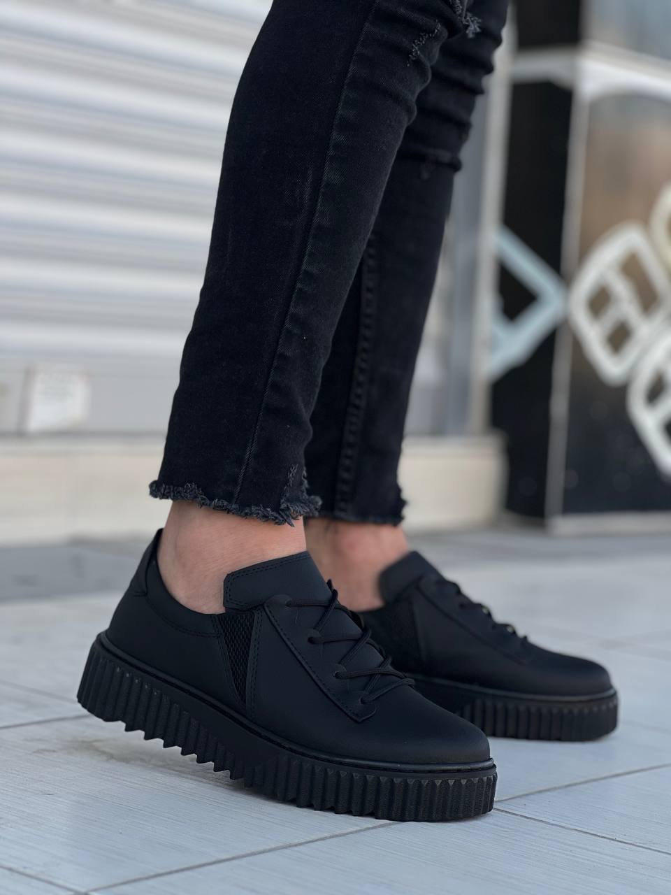 KB-X502 Black Skin High Black Sole Lace Detailed Elastic Casual Men's Shoes - STREETMODE ™