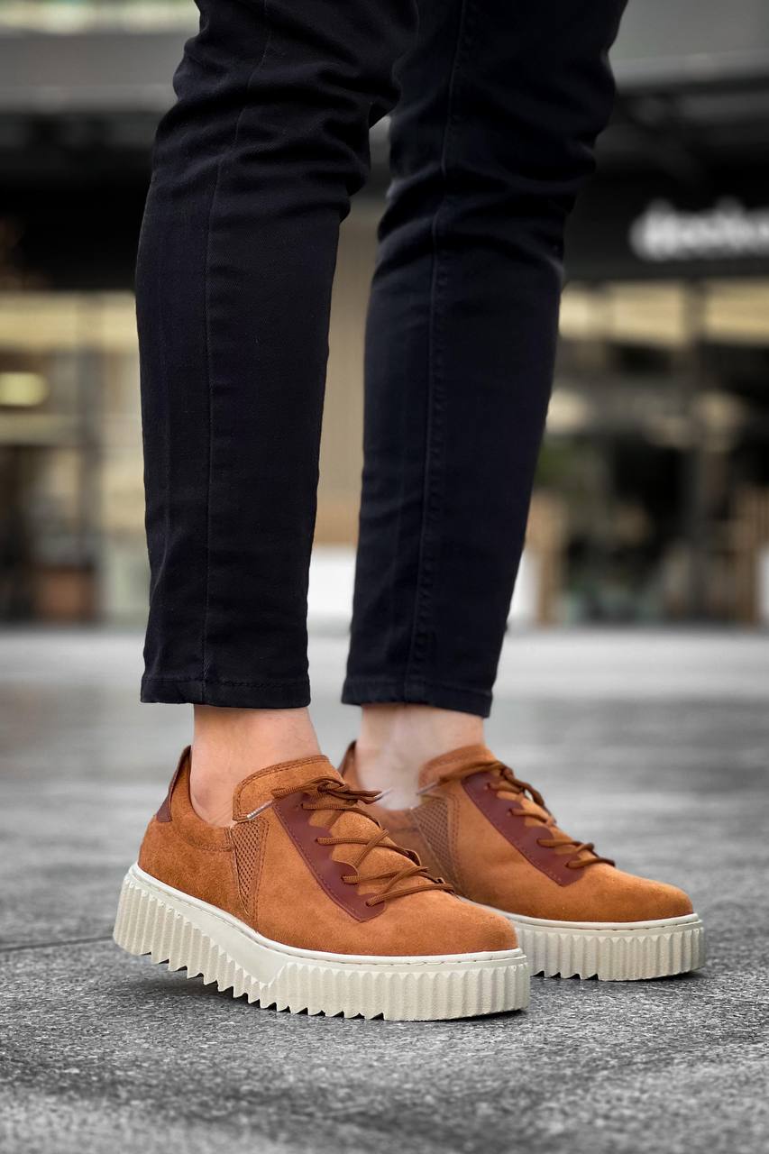 KB-X502 Brown Suede High Beige Sole Lace Detailed Elastic Casual Men's Shoes - STREETMODE ™