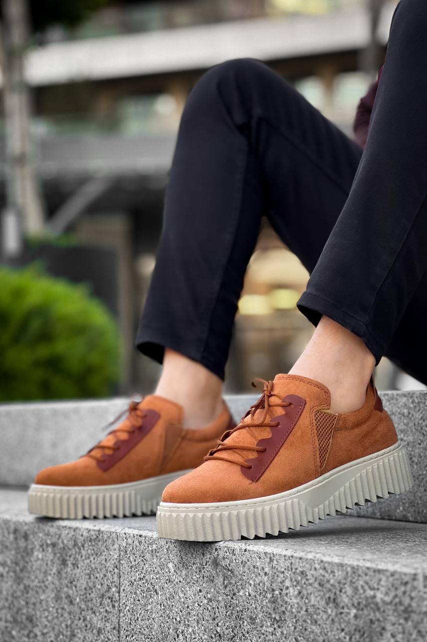 KB-X502 Brown Suede High Beige Sole Lace Detailed Elastic Casual Men's Shoes - STREETMODE ™