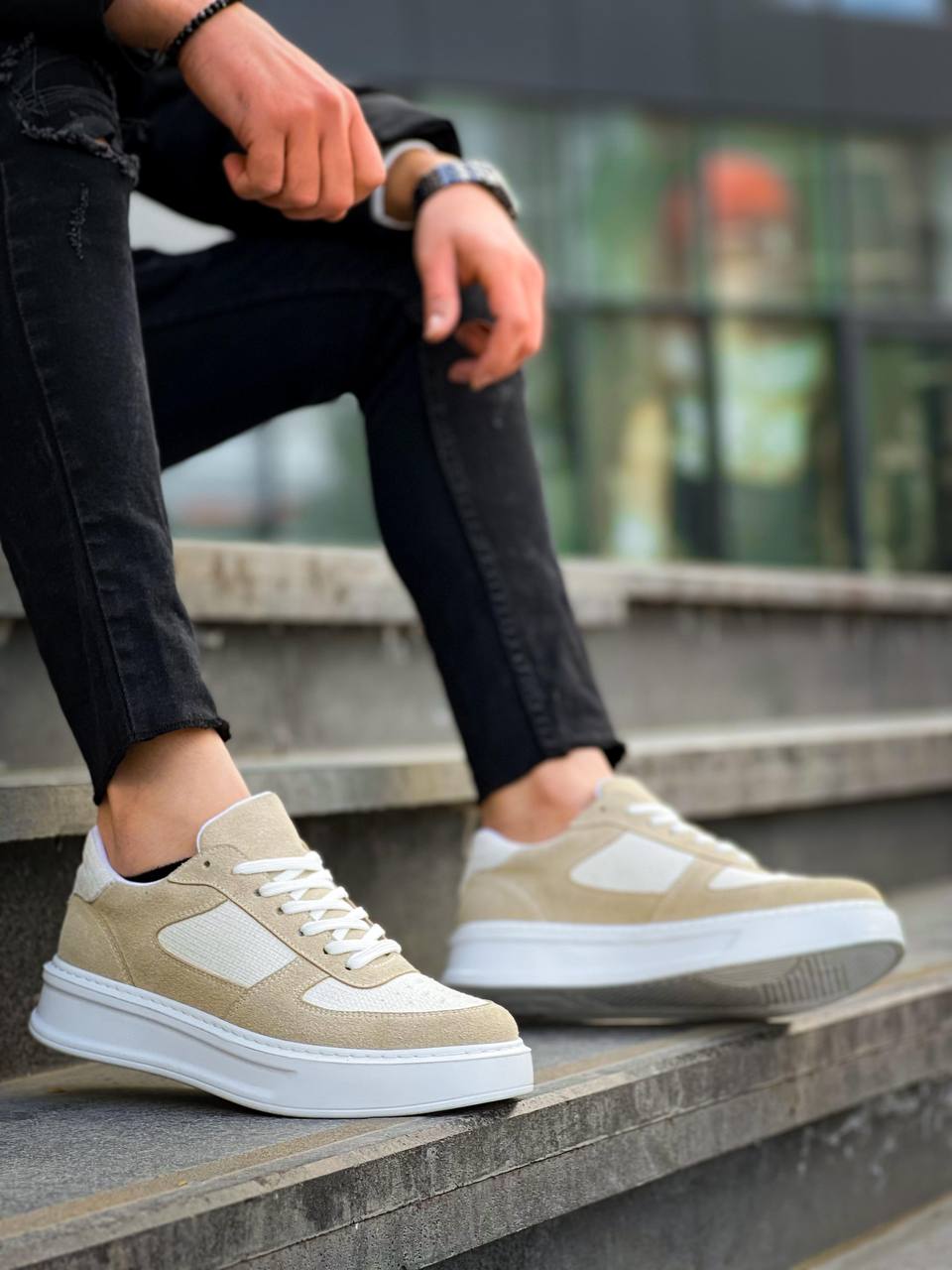 KB-X8 Beige Linen Suede High Sole Casual Sneakers