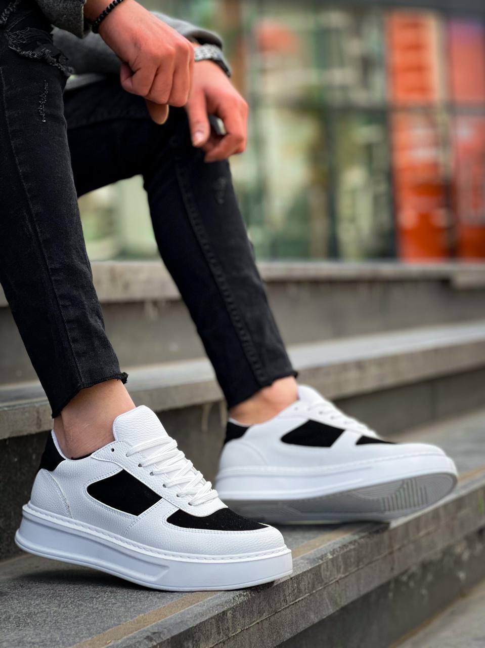 KB-X8 White Black Skin High Sole Casual Sneakers