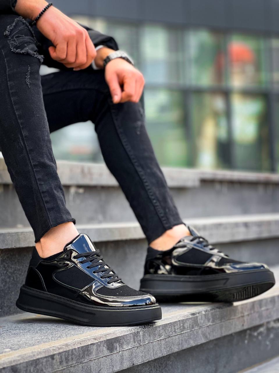 KB-X8 Black Patent Leather High Black Sole Casual Sneakers