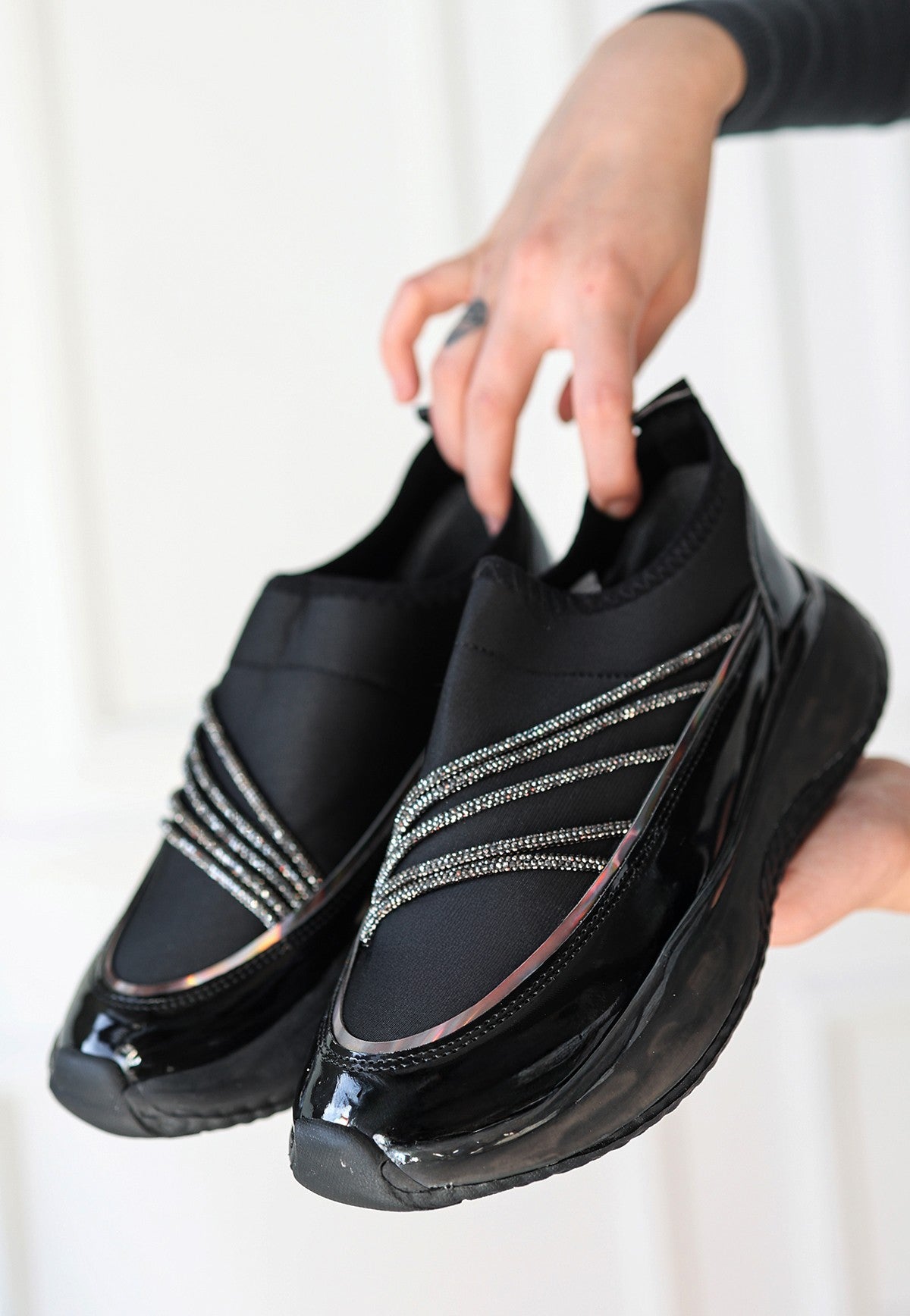 Women's Black Patent Leather Stretch Detailed Black Soled Sneakers - STREETMODE ™