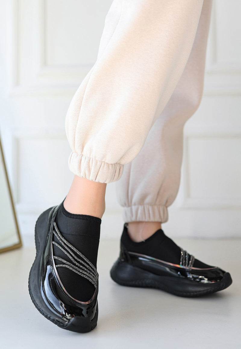 Women's Black Patent Leather Stretch Detailed Black Soled Sneakers - STREETMODE ™