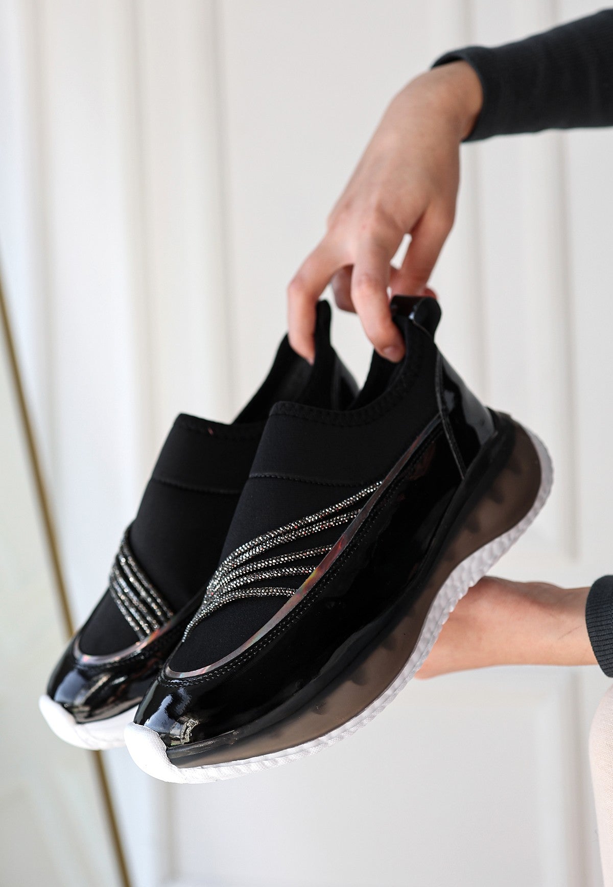 Women's Black Patent Leather Stretch Detailed Sneakers - STREETMODE ™