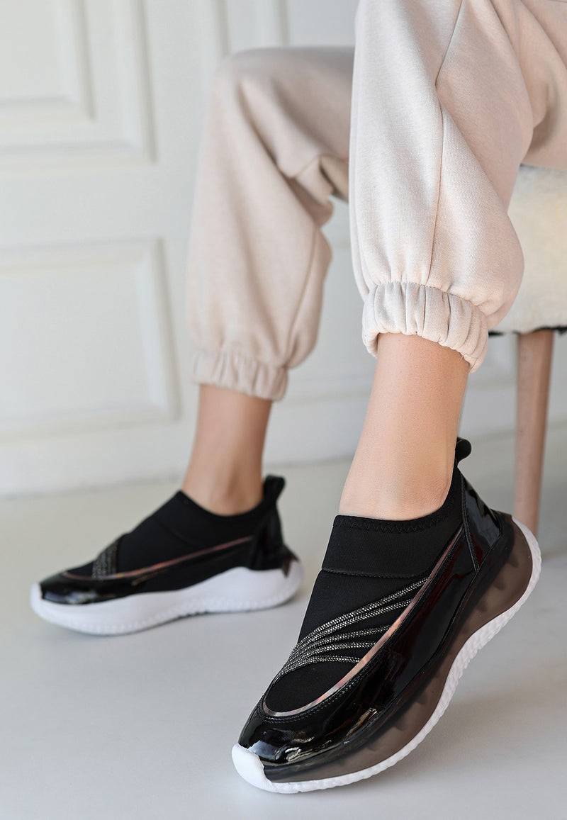 Women's Black Patent Leather Stretch Detailed Sneakers - STREETMODE ™