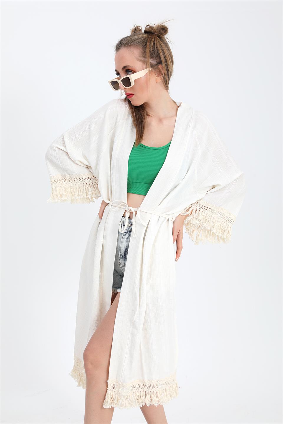Women's Kimono with Palm Printed Tassels - Ecru - STREETMODE ™