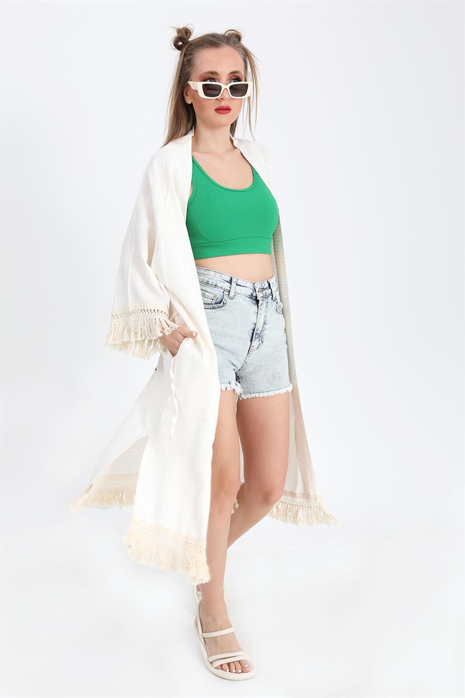 Women's Kimono with Palm Printed Tassels - Ecru - STREETMODE ™